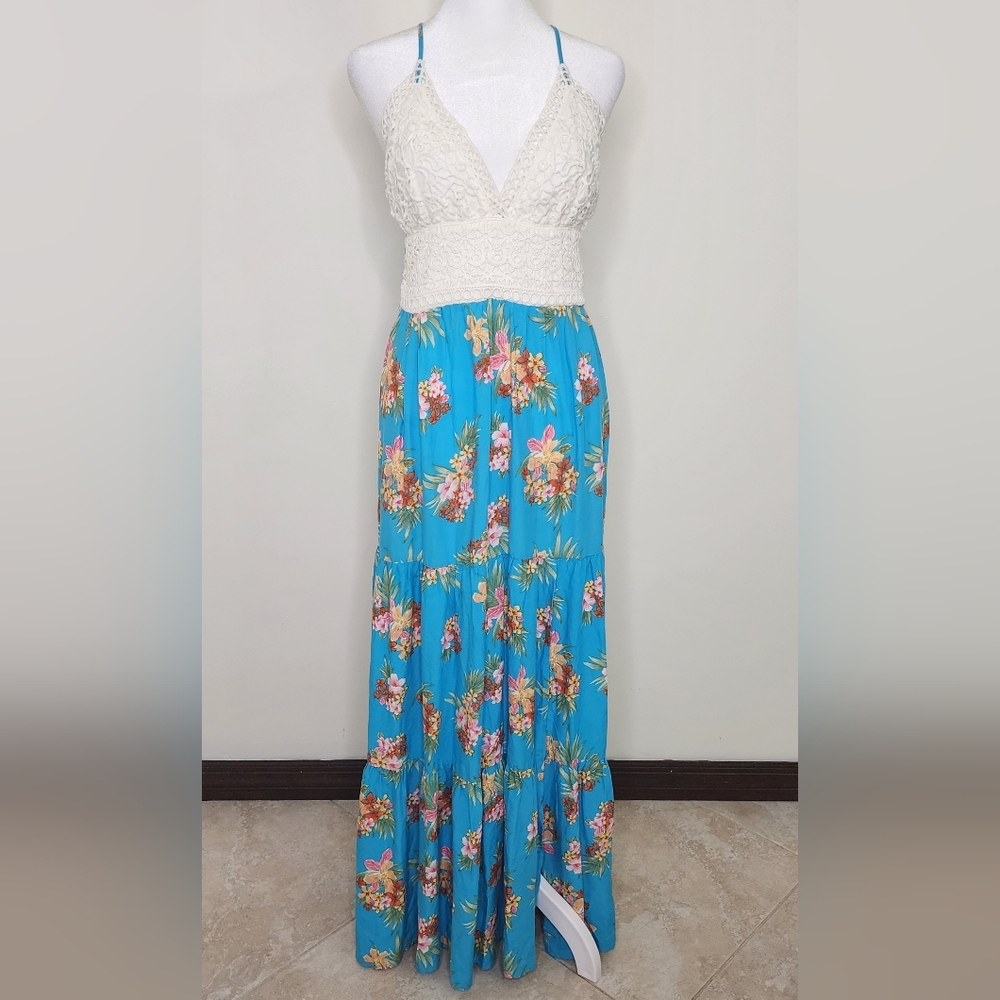 Love & Piece Collective Tropical Floral Hawaiian Crochet Maxi Dress Small Aloha